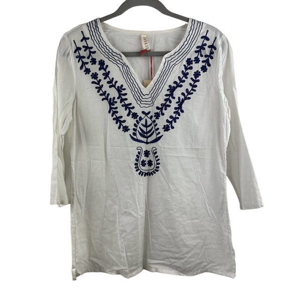 Raga Tops - NWT Raga LA Womens S Floral White/Blue Linen Embroidered Boho 3/4 Sleeve Blouse